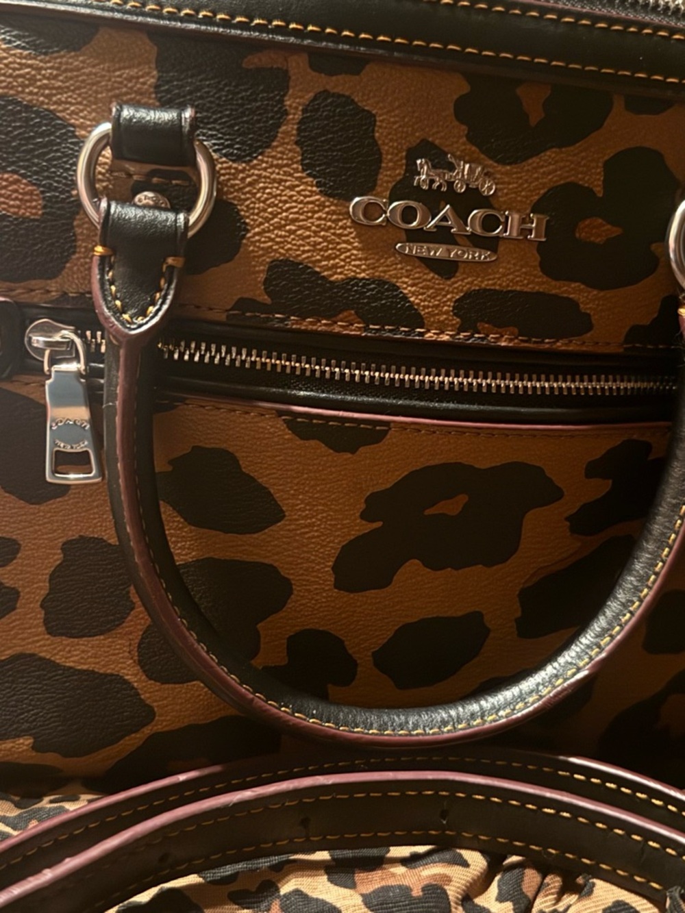 Coach Leopard-Print Leather Satchel - Tan/Black you can use crossbody strap - Picture 6 of 8